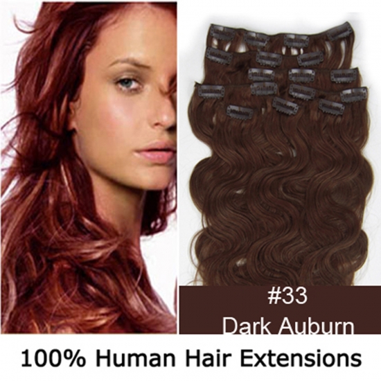 20"8Pcs 100g/set Body Wavy Clip In/On Remy Human Hair Extensions #33 Dark auburn - Click Image to Close