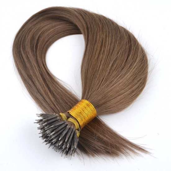 18"20" 100pcs/set Straight Remy Nano Ring Hair Human Hair Extensions #08 Chestnut brown - Click Image to Close