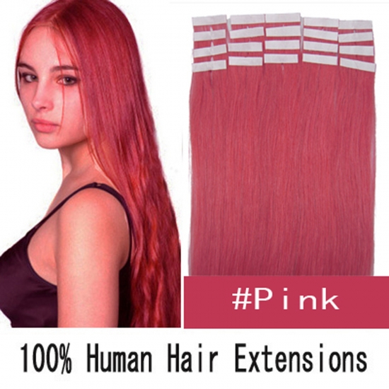 16"18"20"22"24" 20pcs/set Straight Tape in Remy Human Hair Extensions #Pink - Click Image to Close