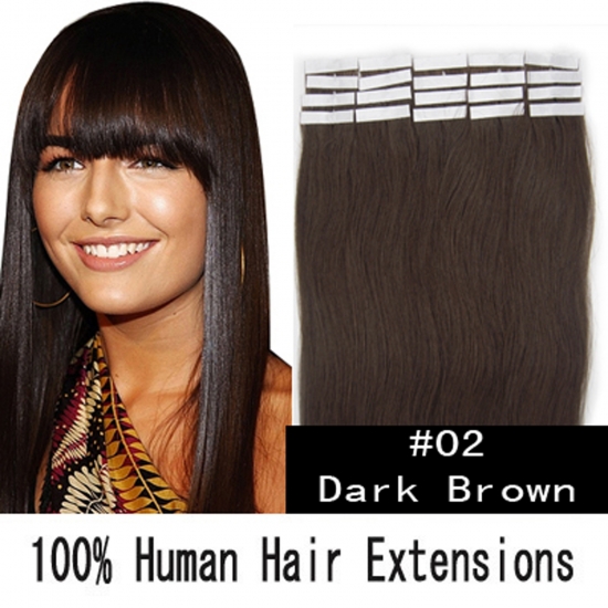 16"18"20"22"24" 20pcs/set Straight Tape in Remy Human Hair Extensions #02 Darkest brown - Click Image to Close