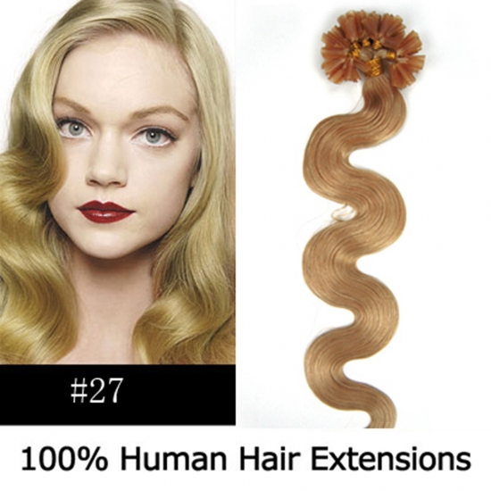 20" 100pcs/Set Wavy Nail Tip Hair Keratin U Tip Remy Human Hair Extensions #27 Dark blonde - Click Image to Close