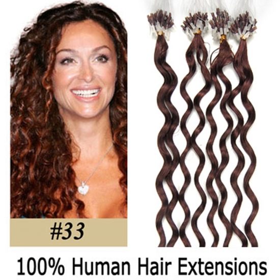 20" 100pcs/Set Curly Micro Ring Loop Hair Remy Human Hair Extensions #33 Dark auburn - Click Image to Close