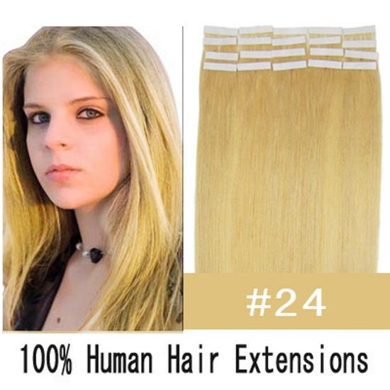 16"18"20"22"24" 20pcs/set Straight Tape in Remy Human Hair Extensions #24 Medium blonde - Click Image to Close