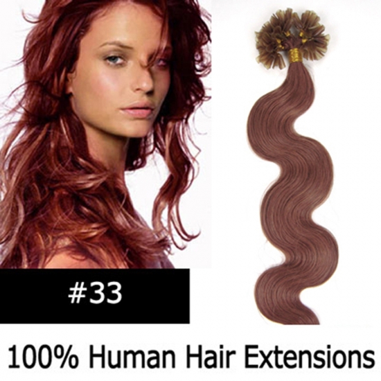 20" 100pcs/Set Wavy Nail Tip Hair Keratin U Tip Remy Human Hair Extensions #33 Dark auburn - Click Image to Close