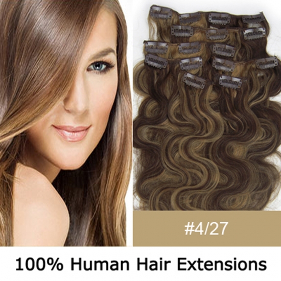 20"7Pcs 70g/set Body Wavy Clip In/On Remy Human Hair Extensions #4/27 - Click Image to Close