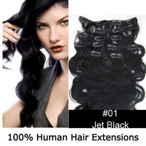 20"7Pcs 70g/set Body Wavy Clip In/On Remy Human Hair Extensions #01 Jet Black