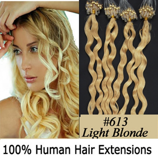 20" 100pcs/Set Curly Micro Ring Loop Hair Remy Human Hair Extensions #613 Light blonde - Click Image to Close