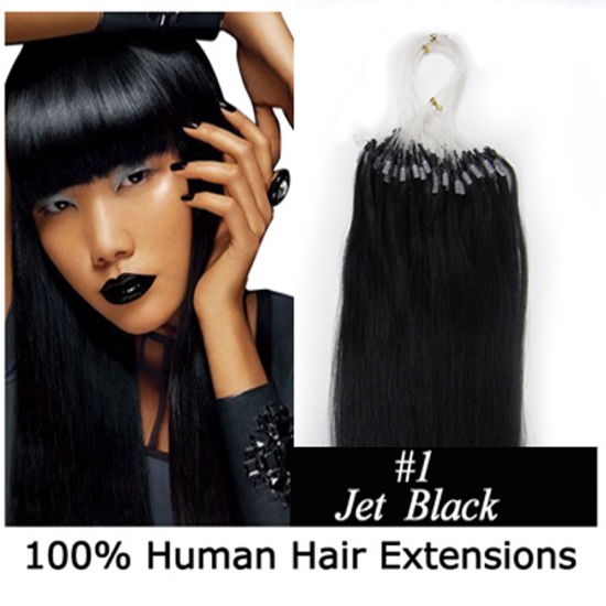 14"16"18"20"22"24"26"100pcs/Set Micro Ring Loop Hair Remy Human Hair Extensions #01 Jet black - Click Image to Close