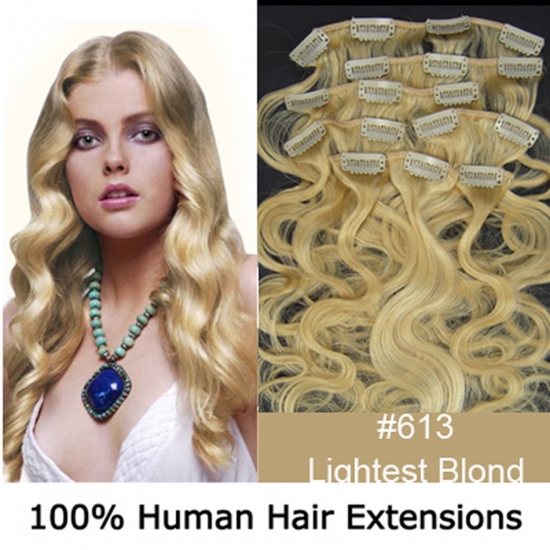 20"8Pcs 100g/set Body Wavy Clip In/On Remy Human Hair Extensions #613 Light blonde - Click Image to Close