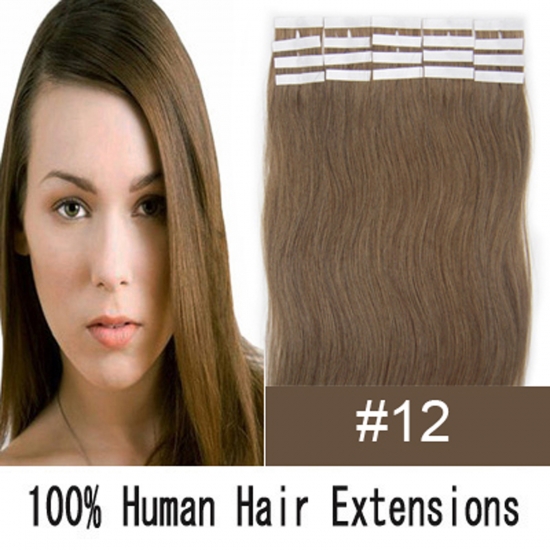 16"18"20"22"24" 20pcs/set Straight Tape in Remy Human Hair Extensions #12 Light brown - Click Image to Close