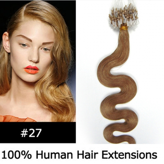 20" 100pcs/Set Wavy Micro Ring Loop Hair Remy Human Hair Extensions #27 Dark blonde - Click Image to Close