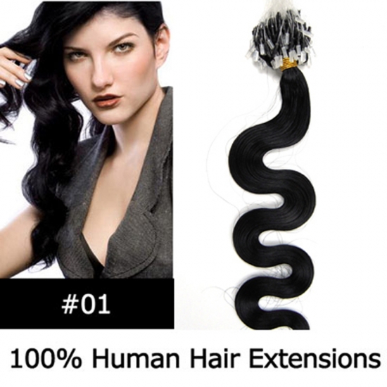 20" 100pcs/Set Wavy Micro Ring Loop Hair Remy Human Hair Extensions #01 Jet black - Click Image to Close